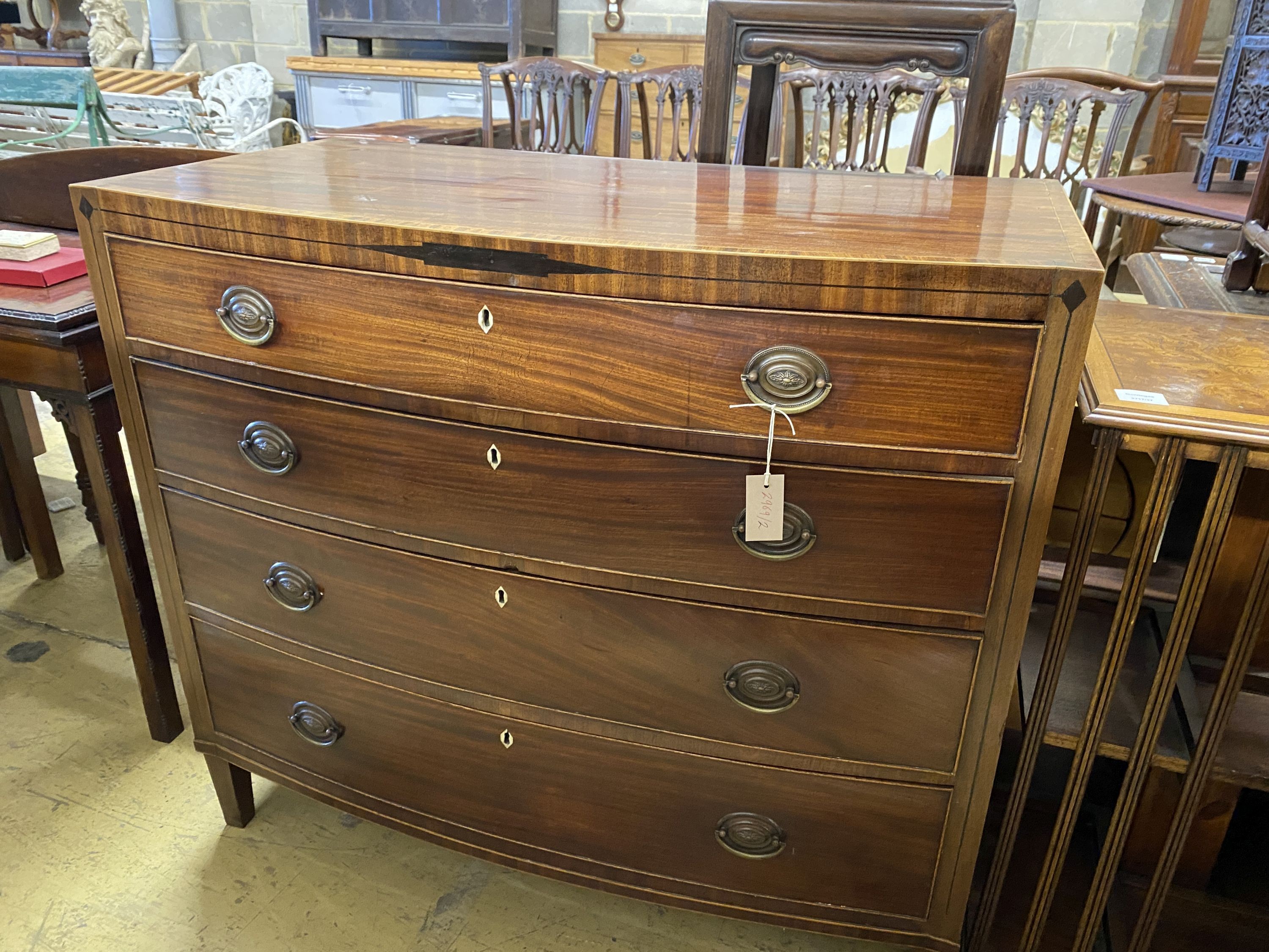 A Regency banded mahogany bowfront chest of drawers, width 105cm, depth 56cm, height 95cm